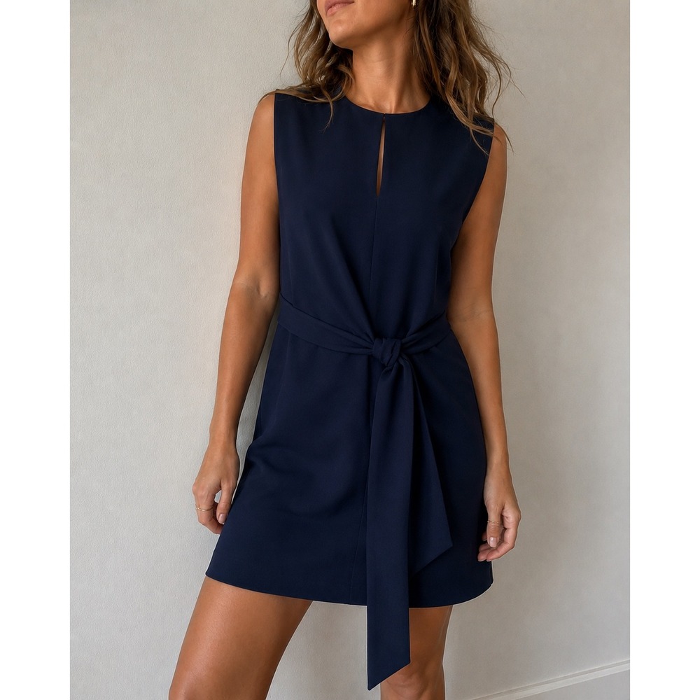 Tibi Navy Sleeveless Tie Front Mini Dress Size 2 Keyhole Professional Minimalist
